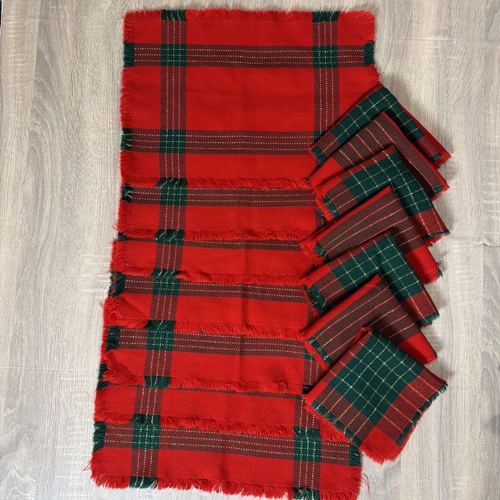 Set Christmas Plaid Tartan 7 Placemats 7 Napkins Red Green‎ Gold Woven Fringe